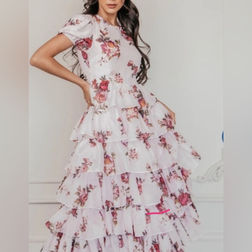 JessaKae Pink and White Floral Tiered Midi Dress